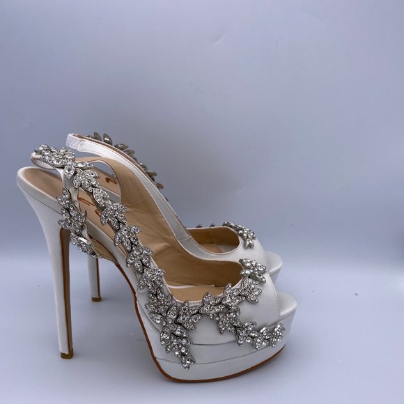 FSJ White Satin Slingback Bridal Heels Rhinestone - Picture 4 of 10